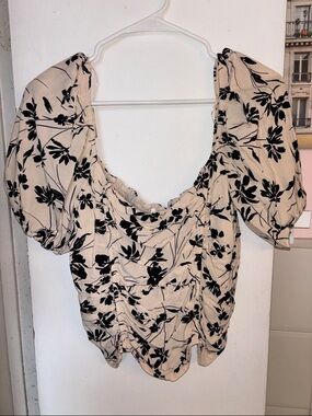Astr Cream Blouse with Black Floral Print and Puff Sleeves